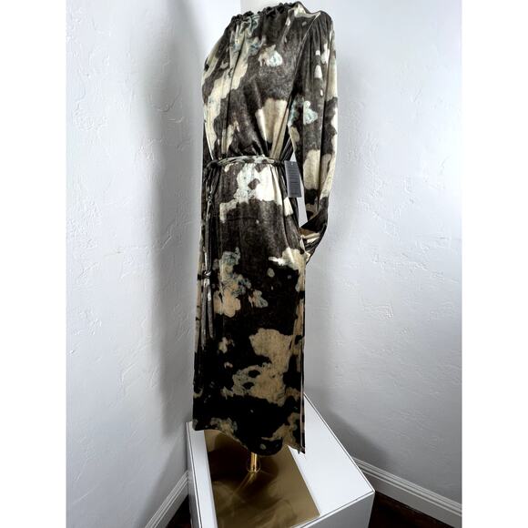 NWT Midi VELVET LONG SLEEVE DRESS Tie Waist Pockets Brown Gold Olive Women Small - Picture 8 of 16